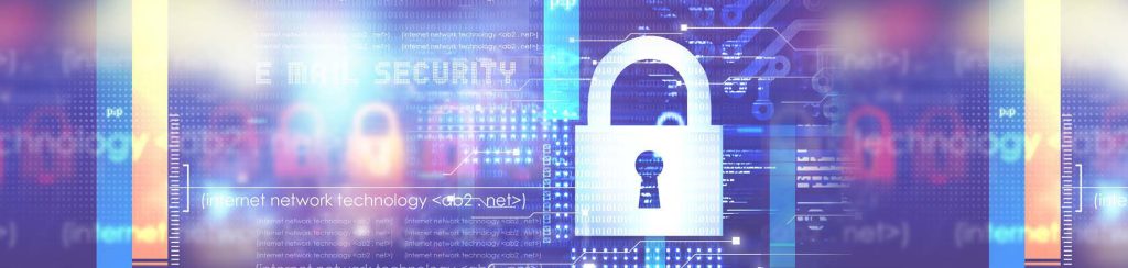 Digital security graphic with a padlock icon over a blue technology background, representing cybercrime and data protection.