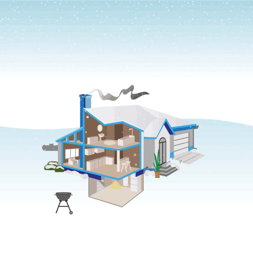 Illustration of a cutaway house in a snowy winter setting showing interior rooms, chimney smoke, garage, and basement.