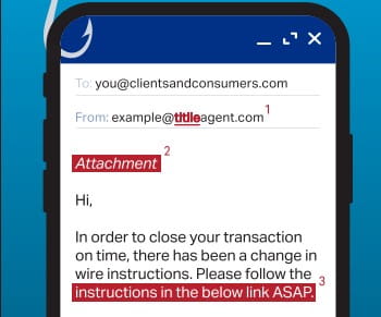 Graphic of a suspicious email on a phone screen warning about fraudulent wiring instruction changes and scam indicators.